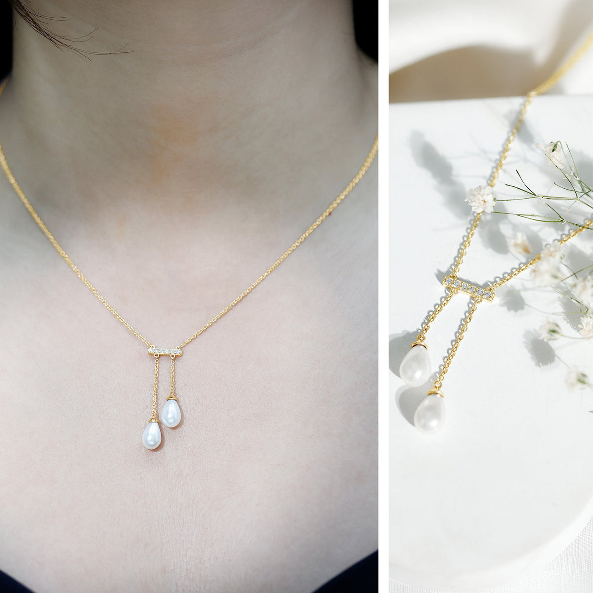 Collar Colgante con Barra de Perlas Genuinas de Agua Dulce y Diamantes con Certificado