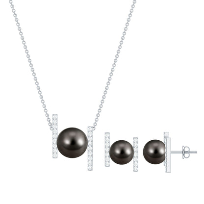 Genuine Black Tahitian Pearl Necklace and Earrings Set with Moissanite