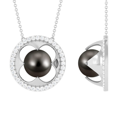 8 Carat Solitaire Tahitian Pearl and Diamond Flower Necklace