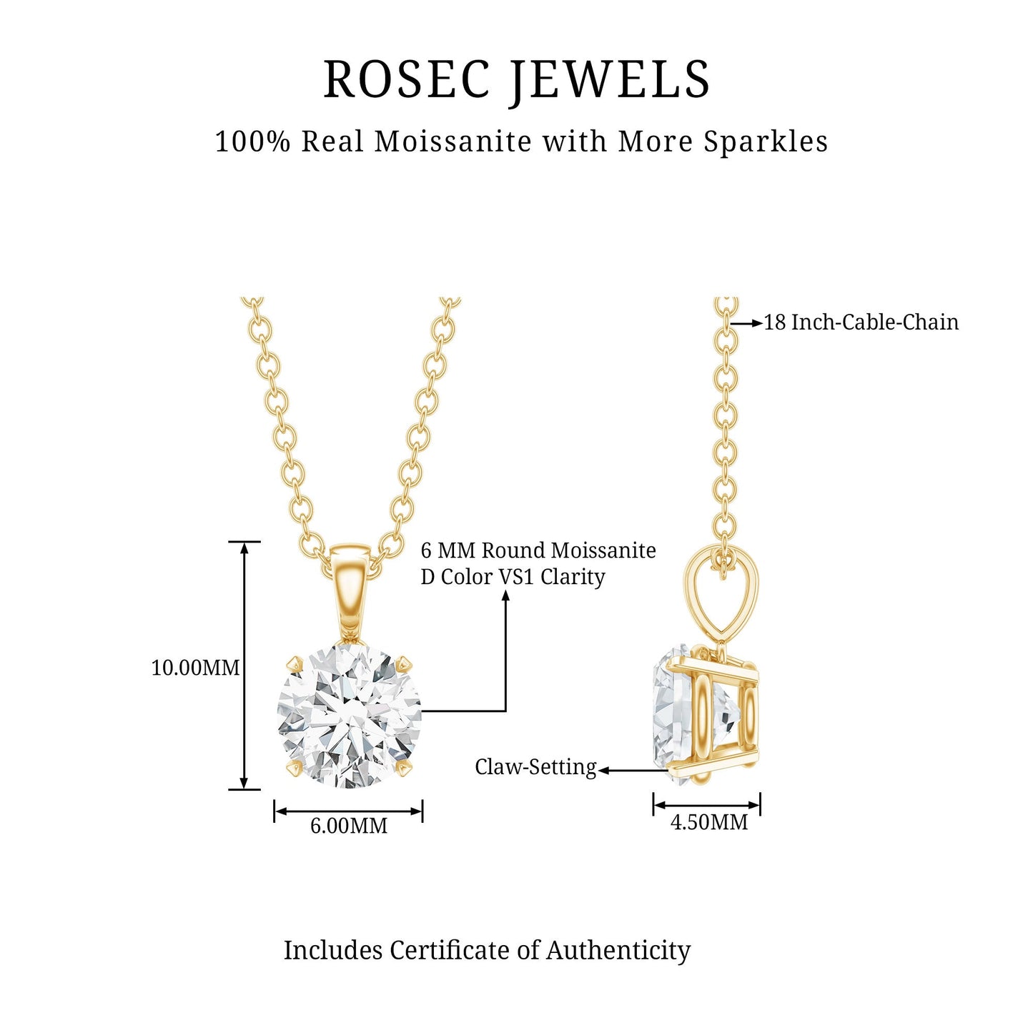 Colgante solitario de moissanita certificada de 0,9 quilates con engaste de garras