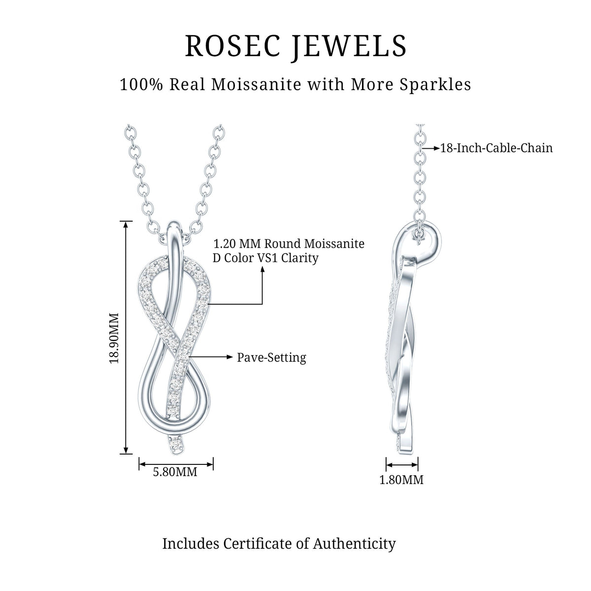 Minimal Moissanite Infinity Knot Pendant Necklace
