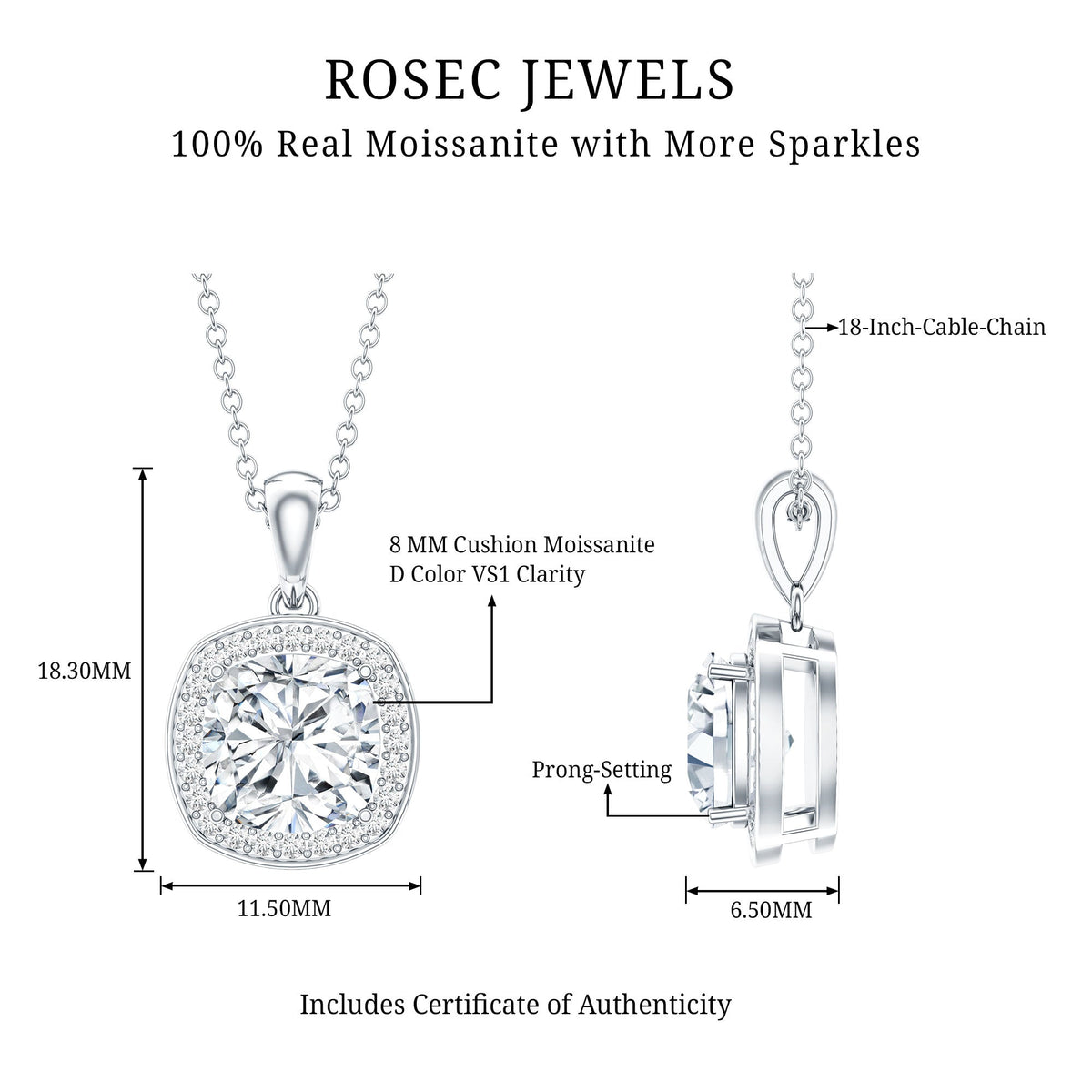 Certified 3 Carat Cushion Cut Moissanite Pendant