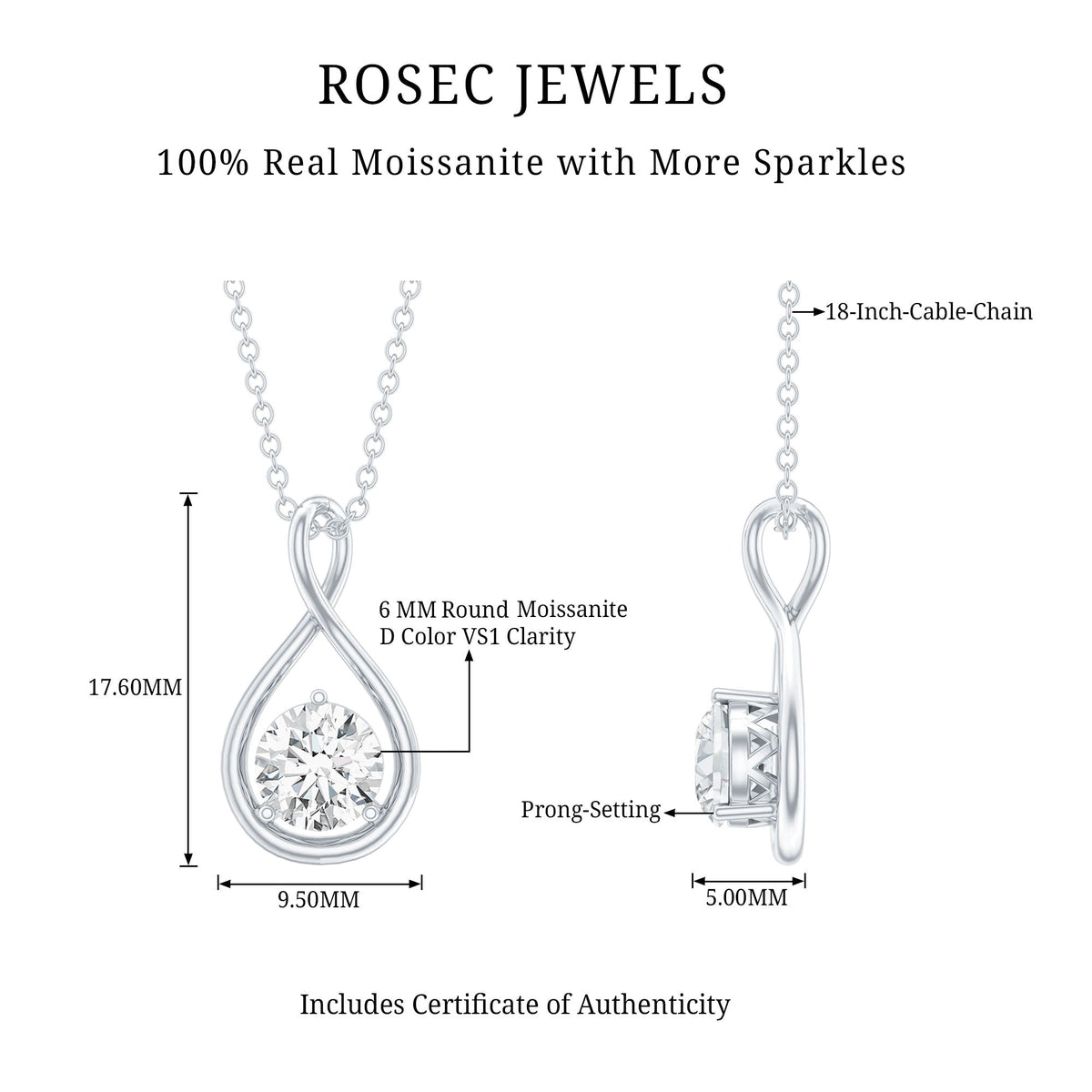 0.9 Carat Solitaire Moissanite Infinity Pendant with Certificate