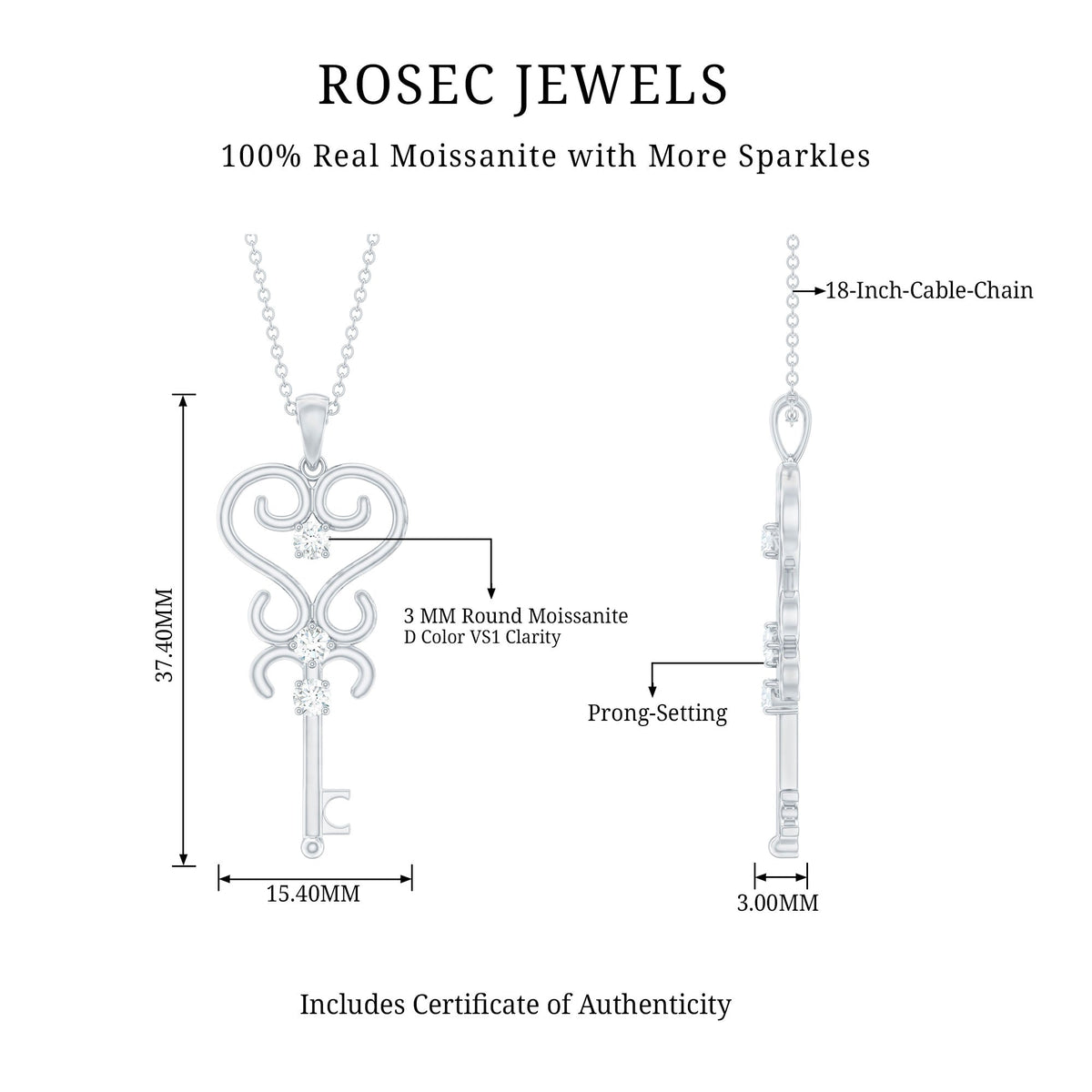 Vintage Looking Moissanite Key Pendant Necklace for Women