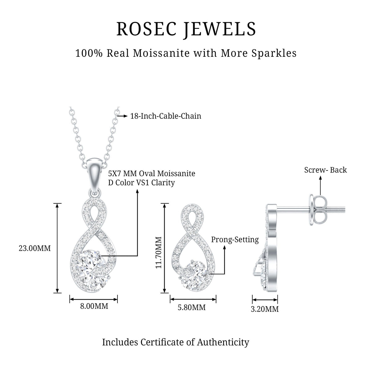 Certified 0.9 Carat Moissanite Infinity Necklace and Earring Set