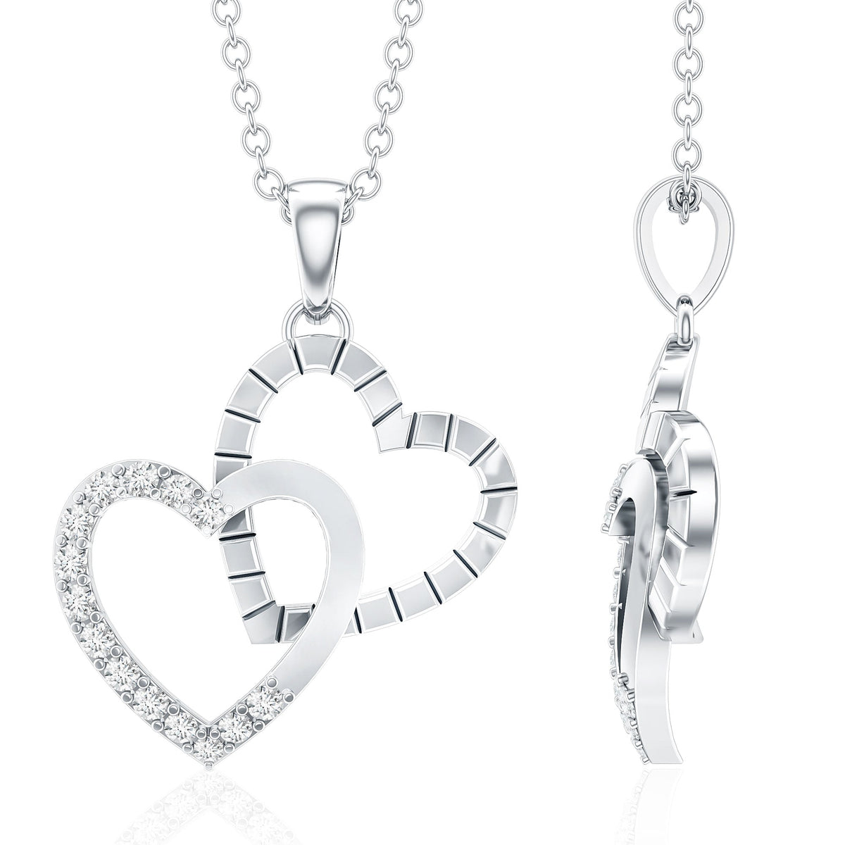 Pave Set Diamond Double Heart Necklace