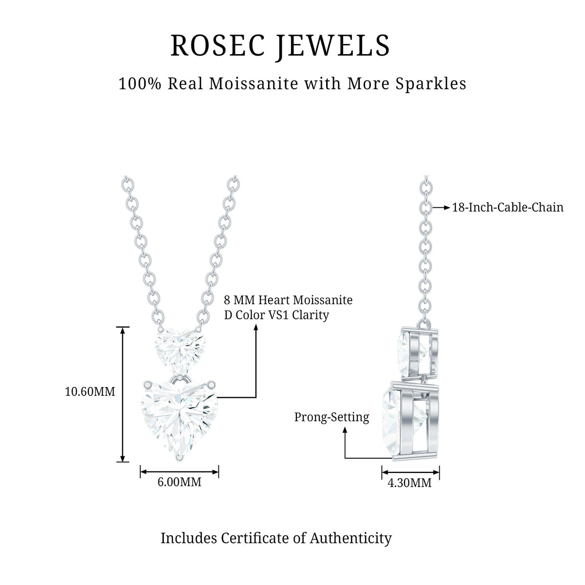 Certified Moissanite Double Heart Necklace in Prong Setting
