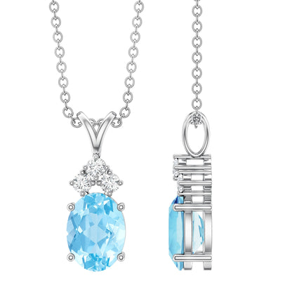 Real 1 Carat Oval Cut Aquamarine Pendant Necklace with Diamond Trio