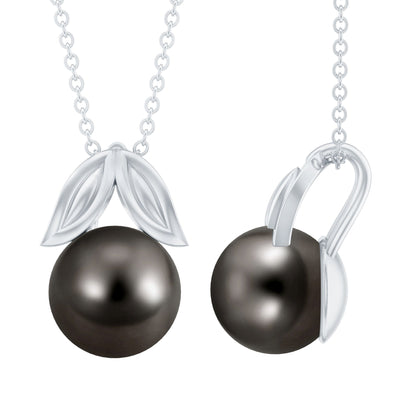 8 Carat Black Tahitian Pearl Solitaire Pendant with Leaf Motif