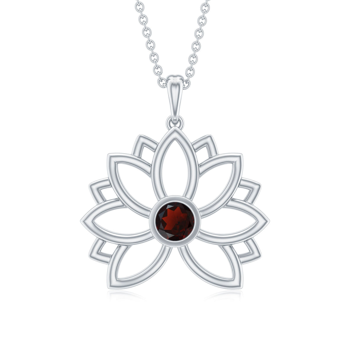 Bezel Set Garnet Lotus Floral Pendant Necklace