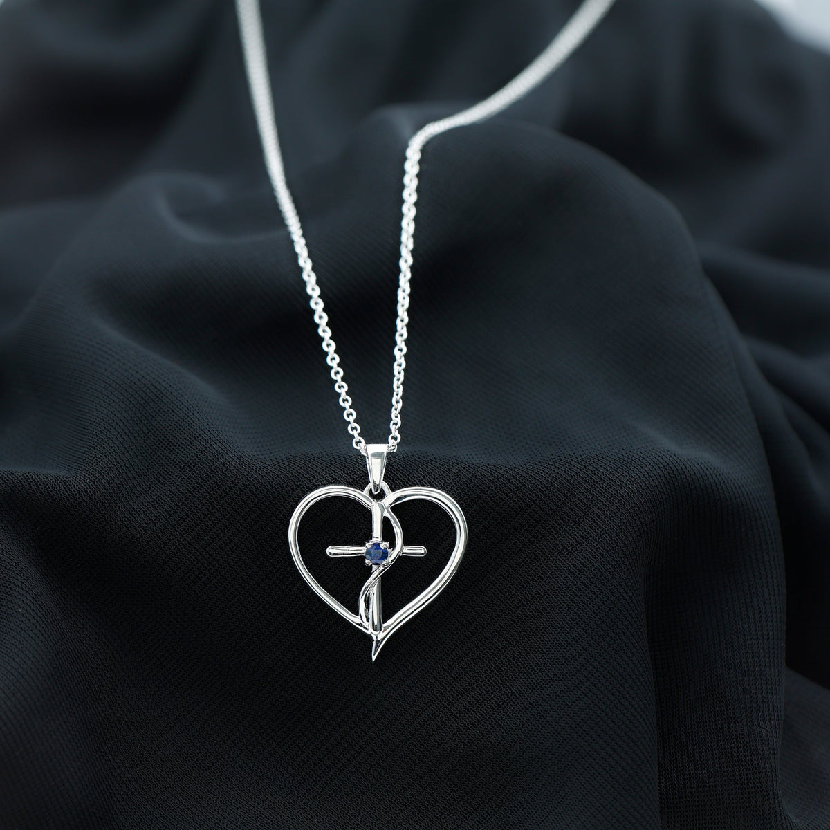Natural Blue Sapphire Cross Heart Necklace for Women