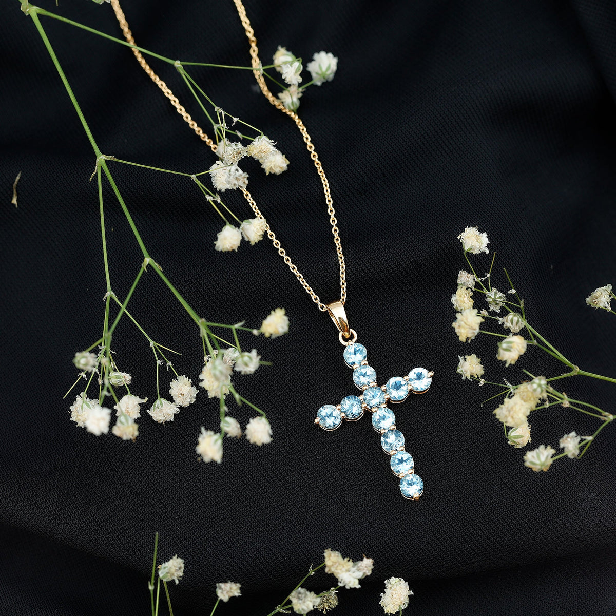 Womens Aquamarine Cross Pendant Necklace with Chain