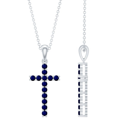 Collar con colgante de cruz de zafiro azul auténtico con cadena