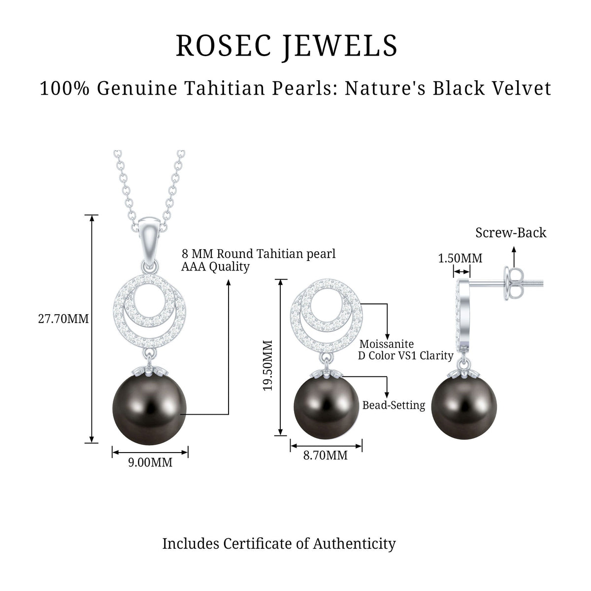 Genuine Tahitian Black Pearl Drop Jewelry Set with Certificate
