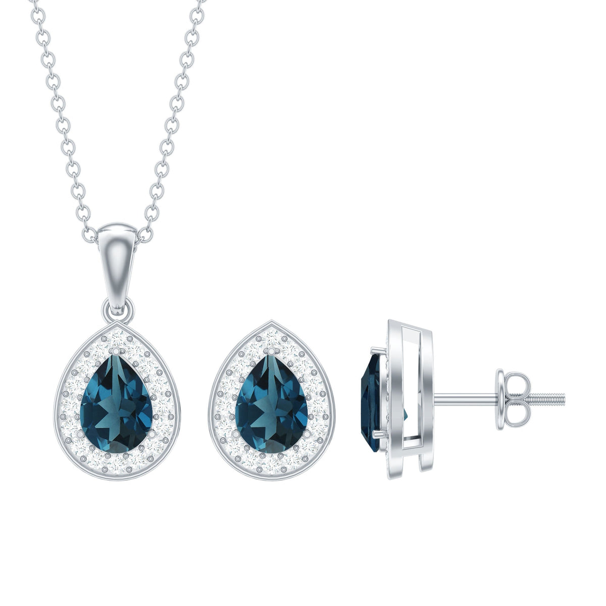 London Blue Topaz Teardrop Pendant and Earrings Set with Diamond Halo