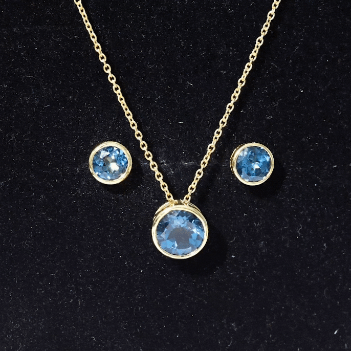 Juego de Joyas Solitario de Topacio Azul Londres Redondo Engastado en Bisel