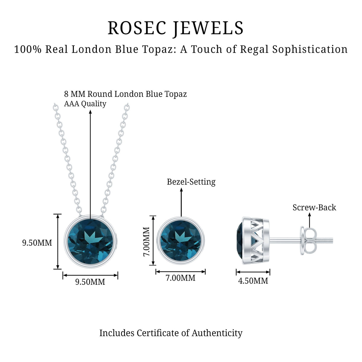 Juego de Joyas Solitario de Topacio Azul Londres Redondo Engastado en Bisel