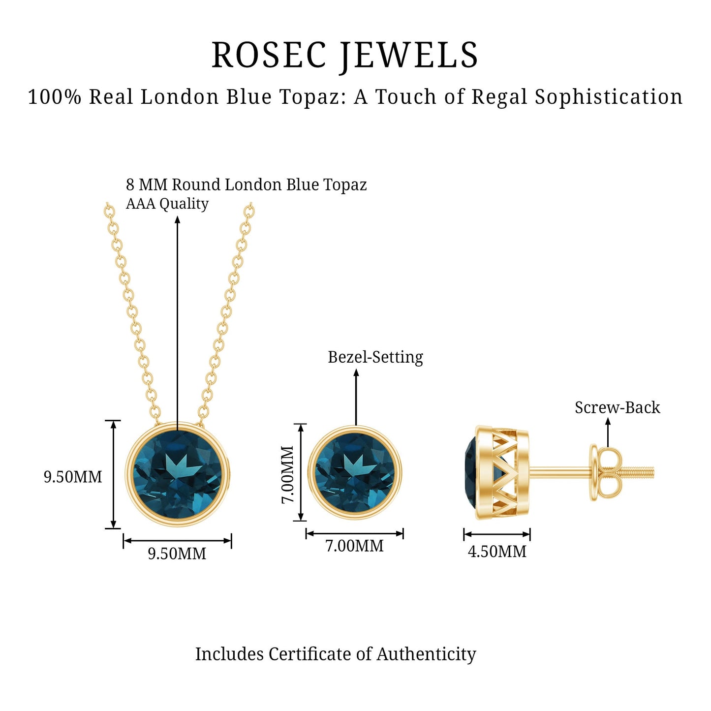 Juego de Joyas Solitario de Topacio Azul Londres Redondo Engastado en Bisel