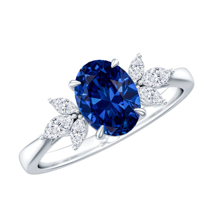 Anillo de compromiso certificado con zafiro azul ovalado de laboratorio de 1,5 quilates con trío de diamantes