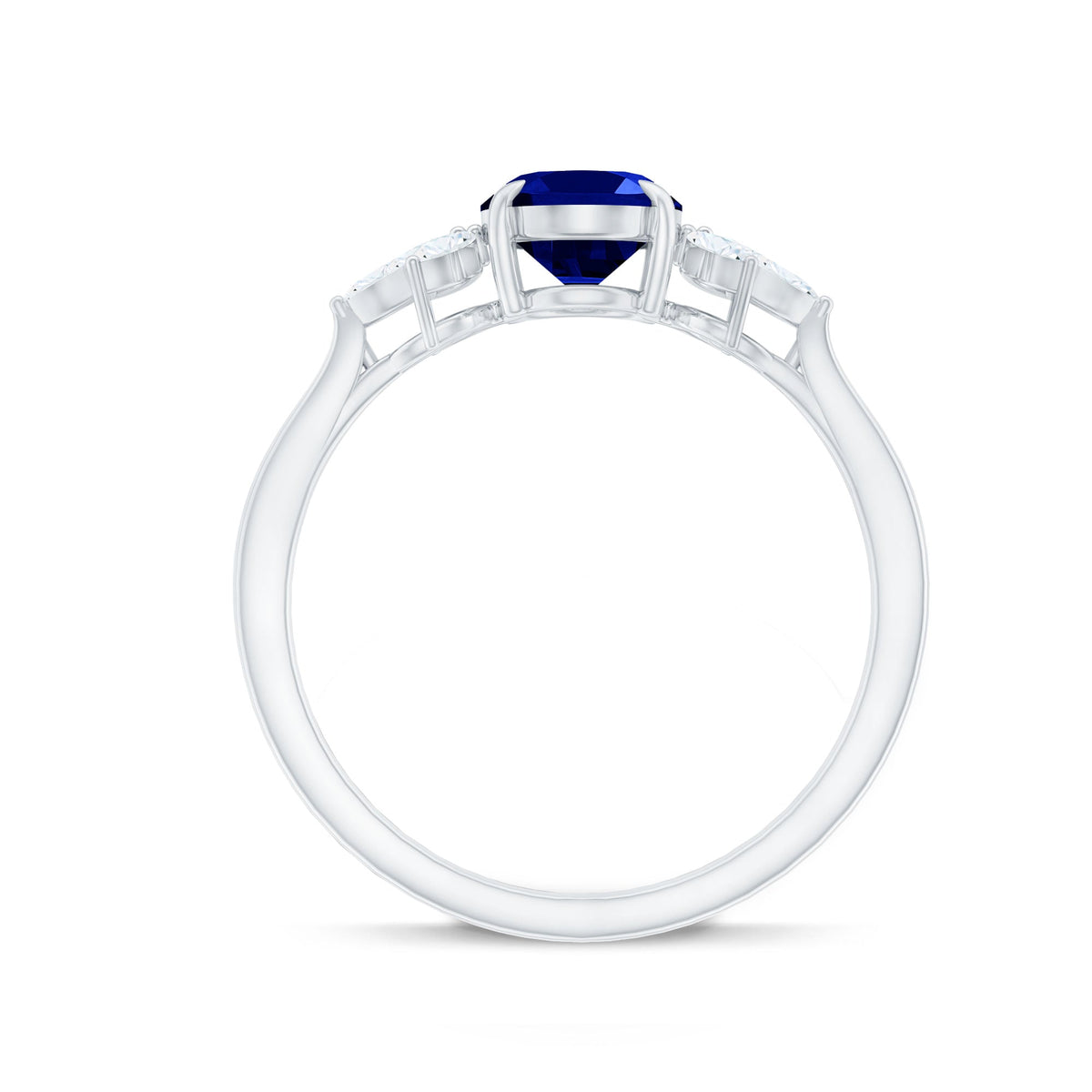 Anillo de compromiso certificado con zafiro azul ovalado de laboratorio de 1,5 quilates con trío de diamantes
