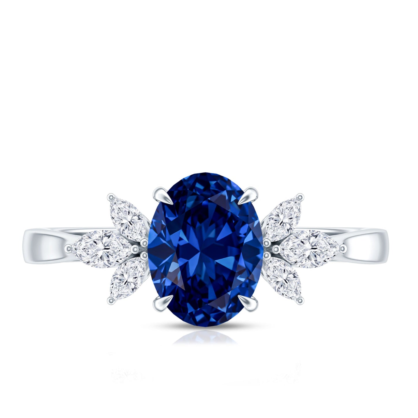 Anillo de compromiso certificado con zafiro azul ovalado de laboratorio de 1,5 quilates con trío de diamantes