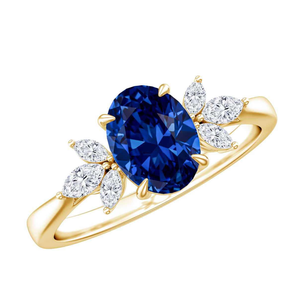 Anillo de compromiso certificado con zafiro azul ovalado de laboratorio de 1,5 quilates con trío de diamantes