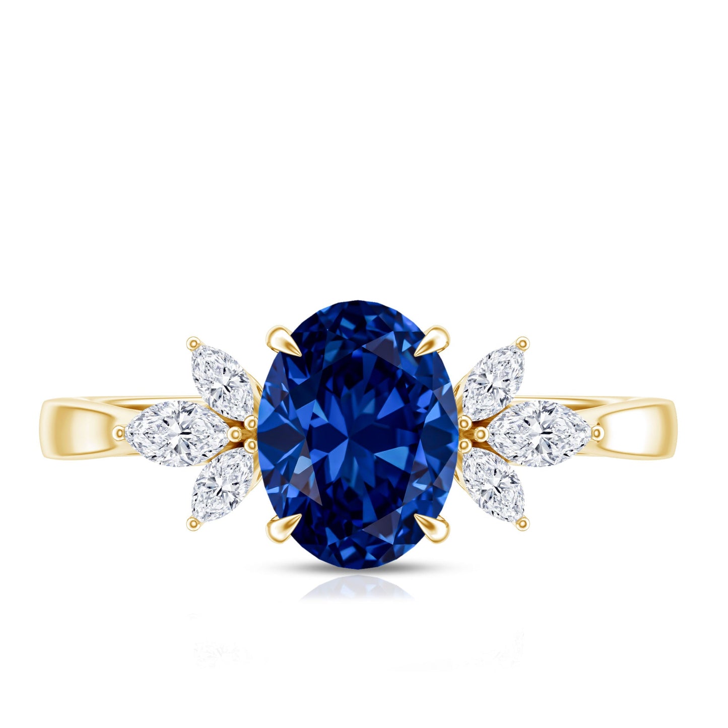 Anillo de compromiso certificado con zafiro azul ovalado de laboratorio de 1,5 quilates con trío de diamantes
