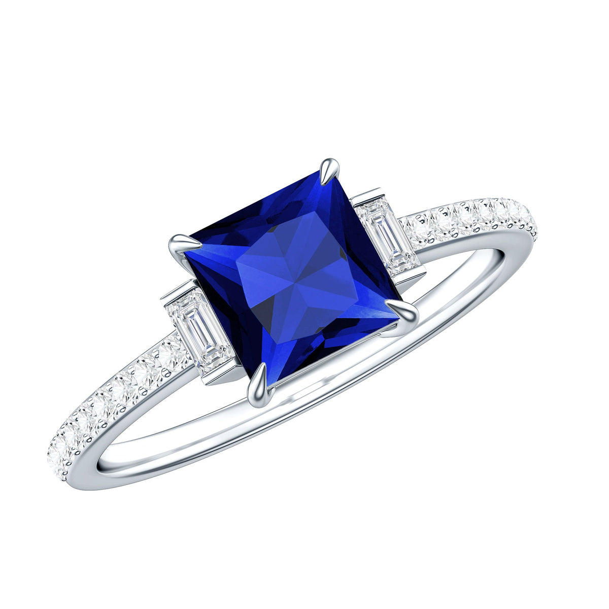 Princess Cut Created Blue Sapphire Solitaire Engagement Ring With Moissanite
