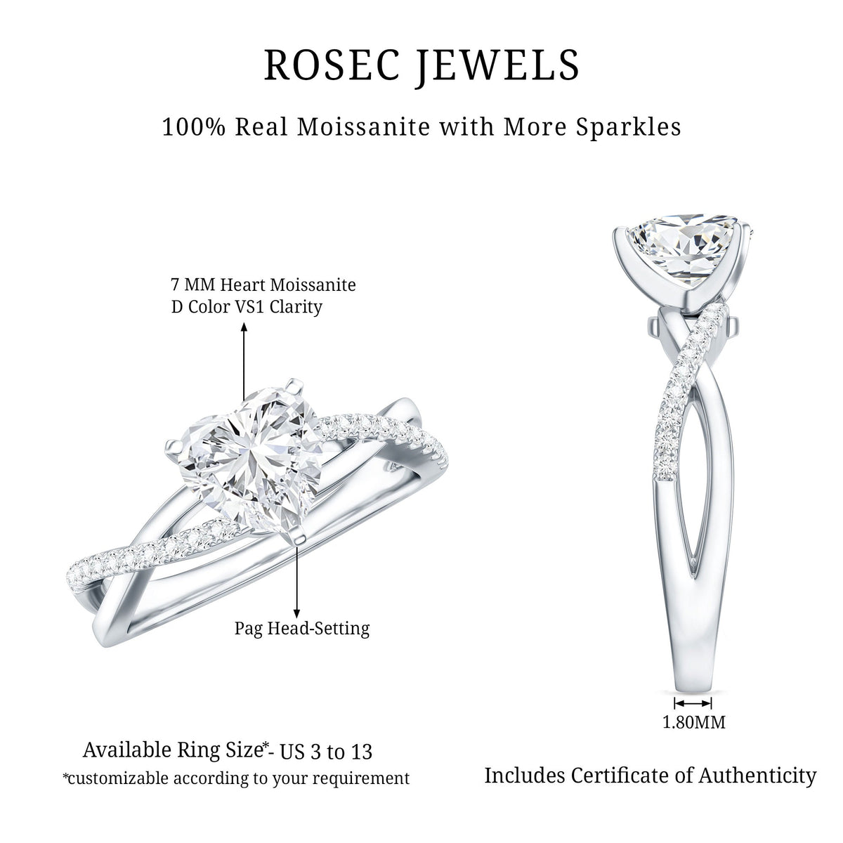 Heart Shape Moissanite Crossover Engagement Ring for Her
