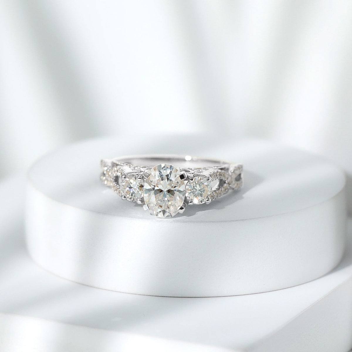 Certified Moissanite Three Stone Engagement Ring with Crossover Shank