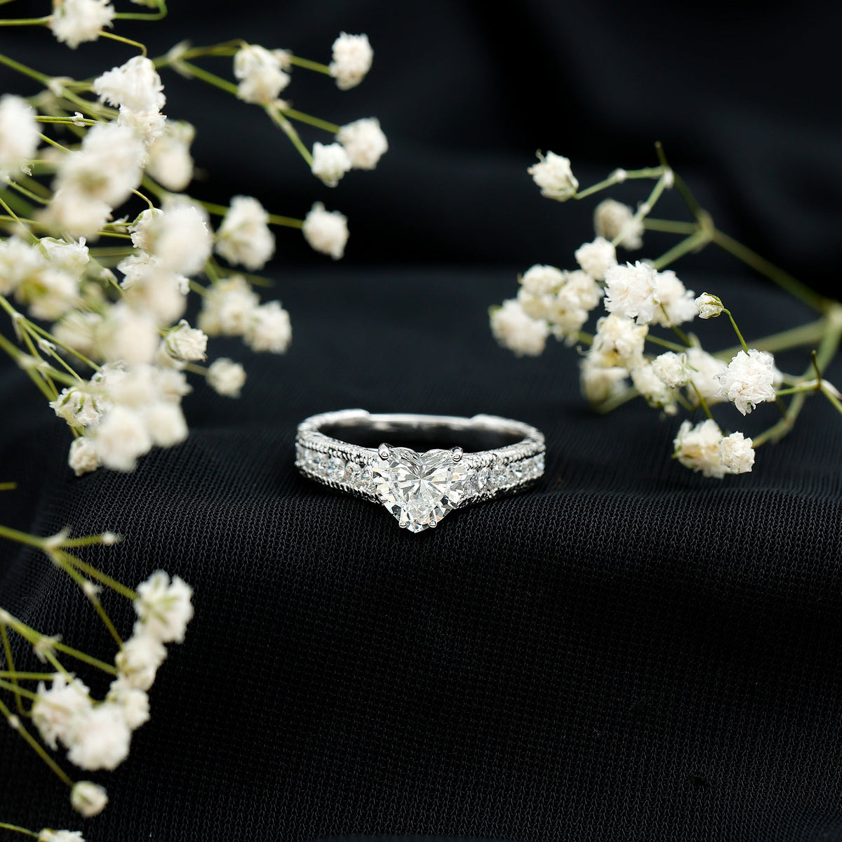 1.5 Carat Moissanite Heart Engagement Ring with Beaded Details