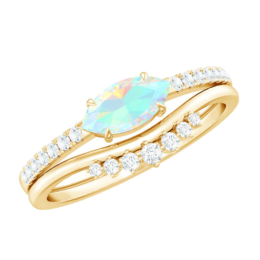 Anillo de compromiso y conjunto de alianzas de boda de ópalo arcoíris etíope natural con diamantes en posición este-oeste