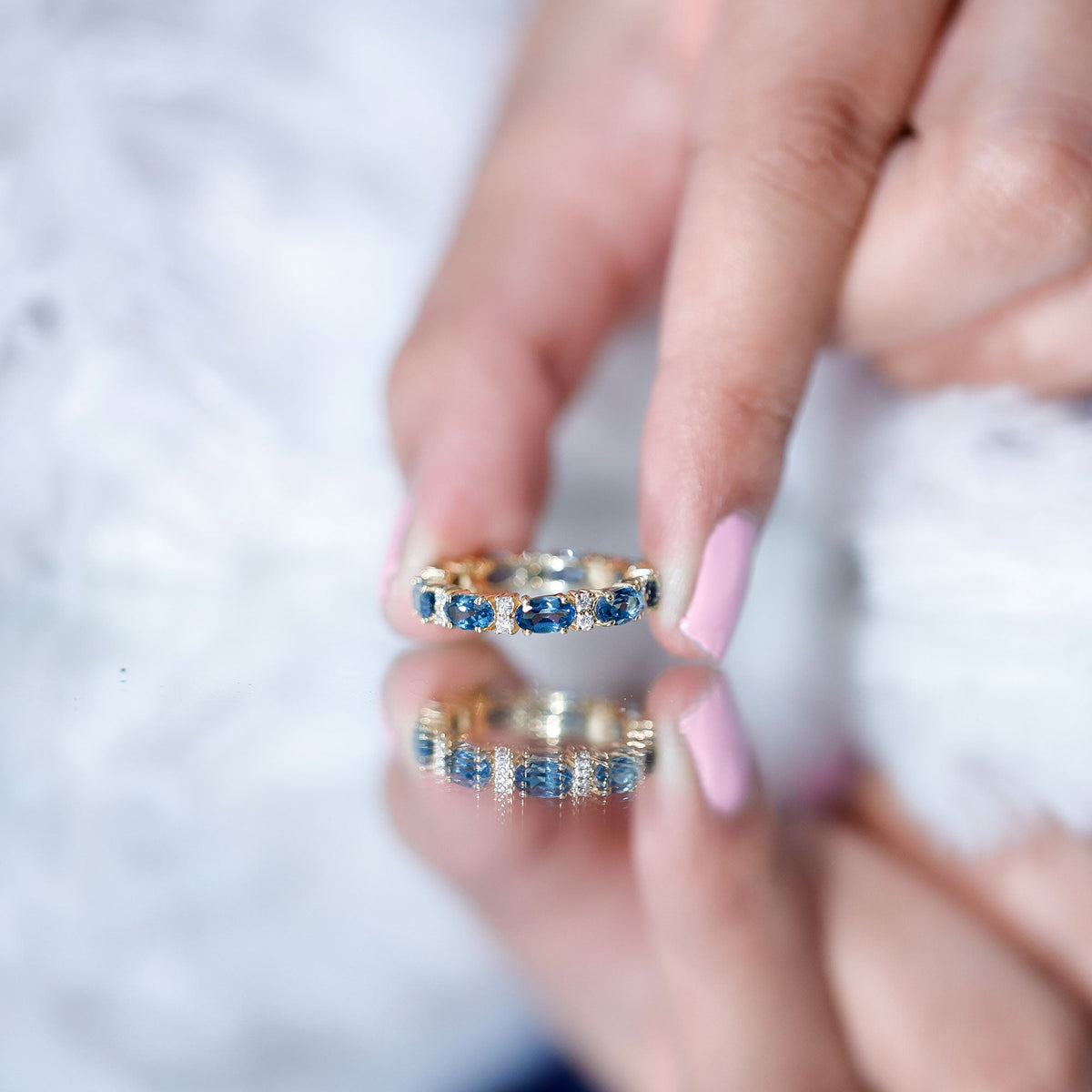 Oval Cut London Blue Topaz Full Eternity Band with Diamond