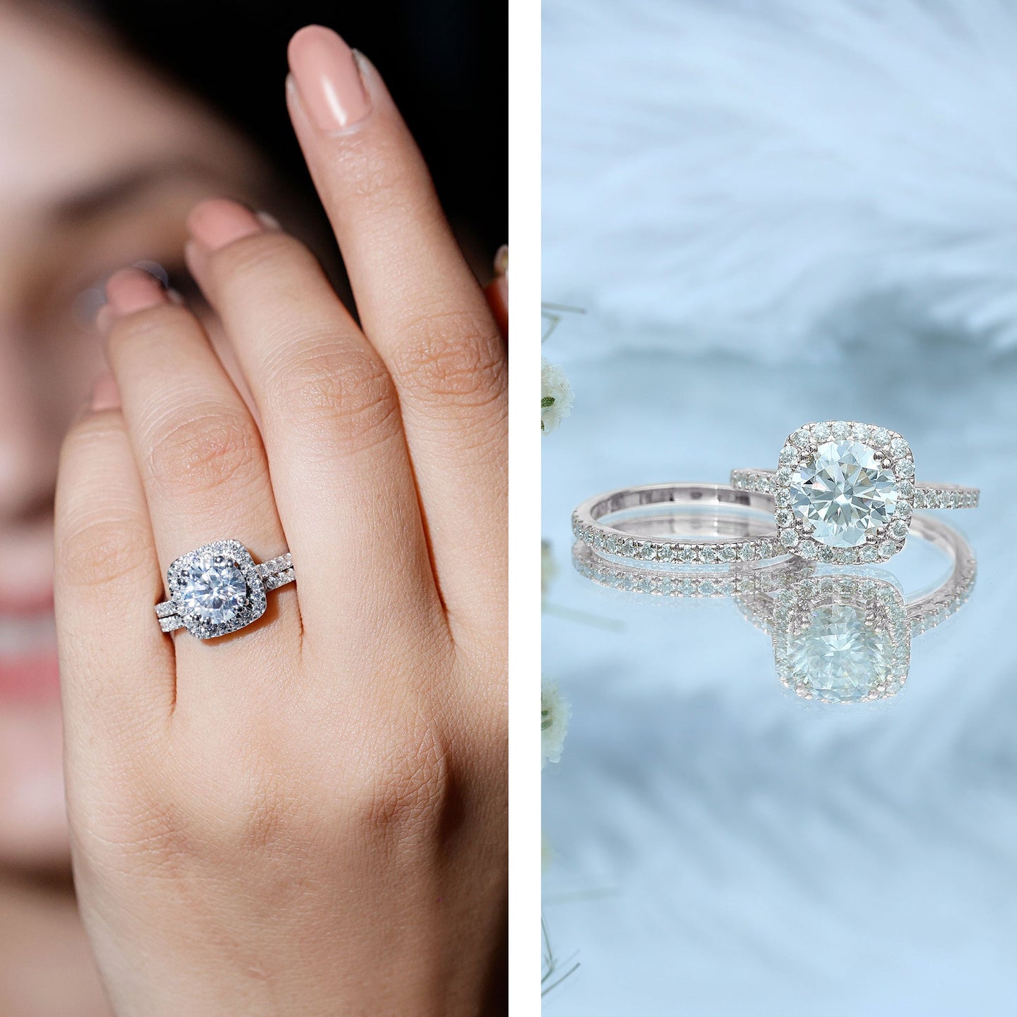 Anillo de boda con halo de moissanita certificada de talla redonda