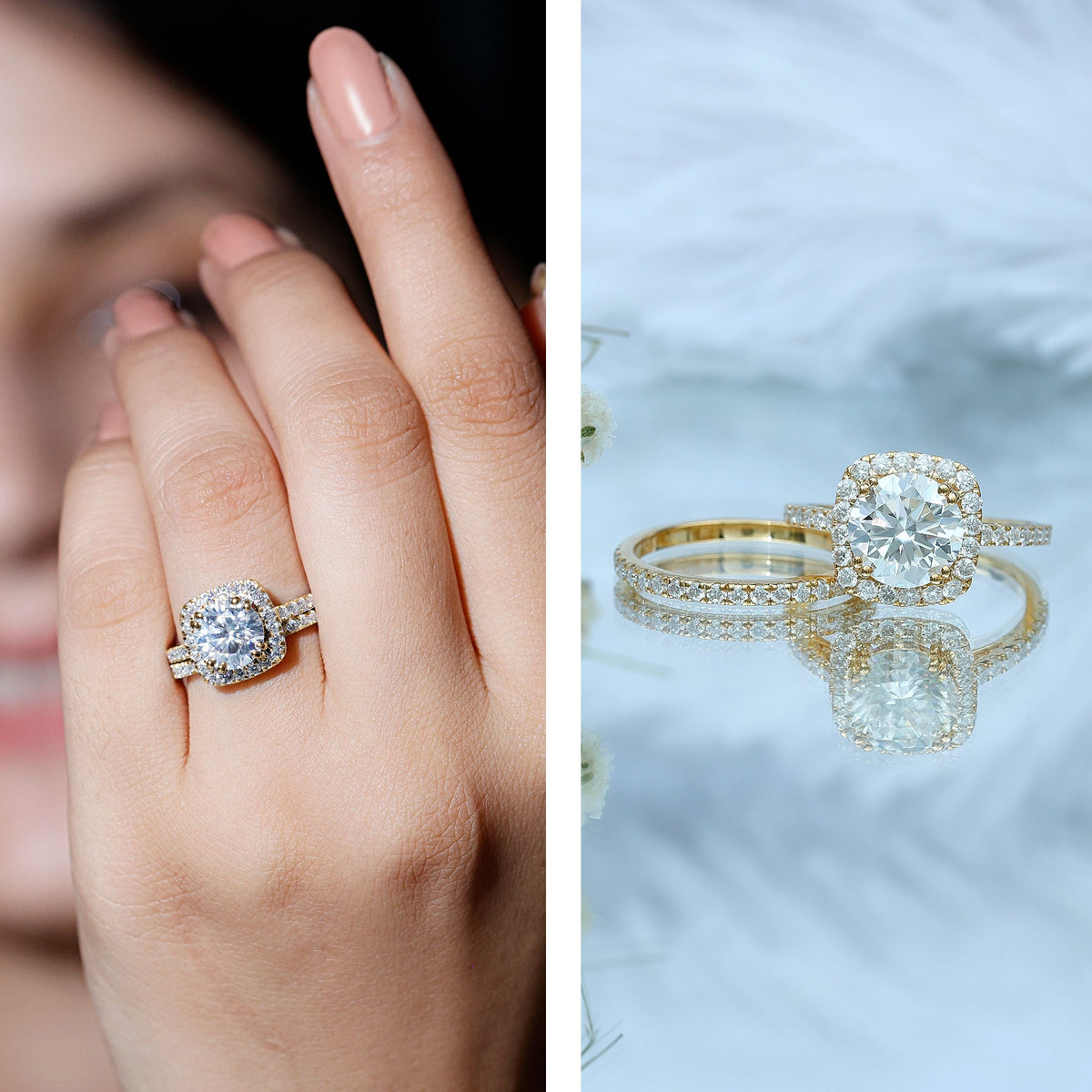 Anillo de boda con halo de moissanita certificada de talla redonda
