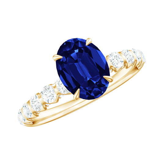 Anillo de compromiso de zafiro azul ovalado cultivado en laboratorio de 1,5 quilates certificado con diamante