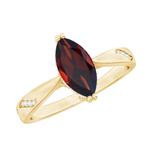Anillo de compromiso marquesa de granate solitario natural con diamante