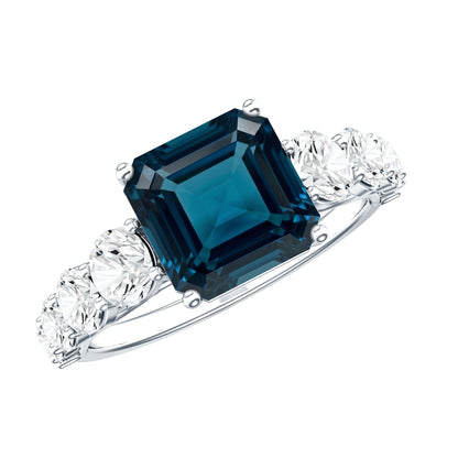 3 Carat Asscher Cut London Blue Topaz Solitaire Engagement Ring with Moissanite