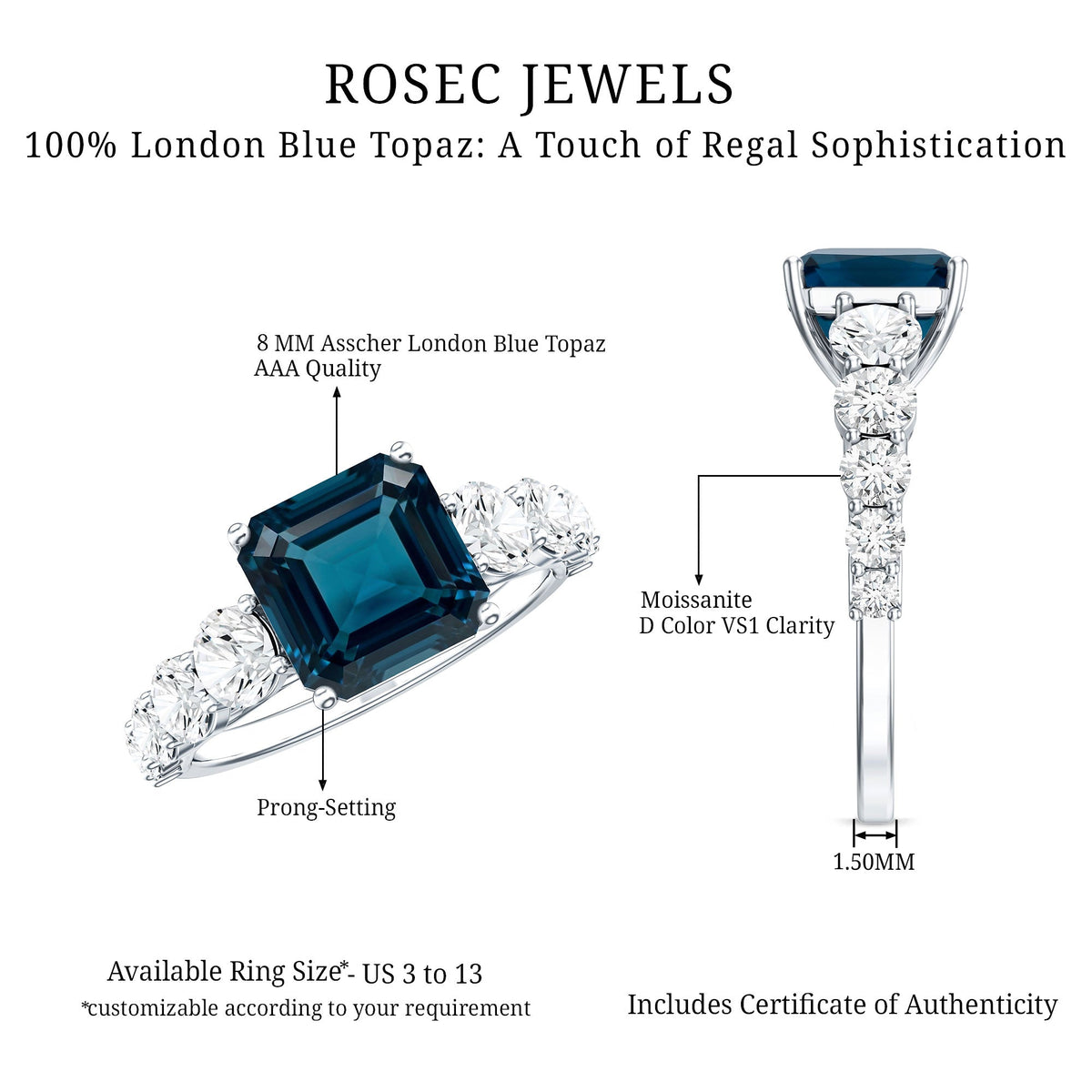 3 Carat Asscher Cut London Blue Topaz Solitaire Engagement Ring with Moissanite
