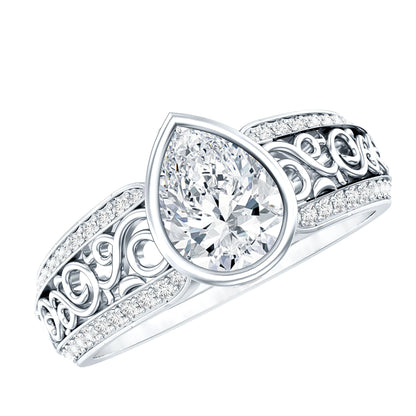 Bezel Set Moissanite Pear Engagement Ring with Filigree Details