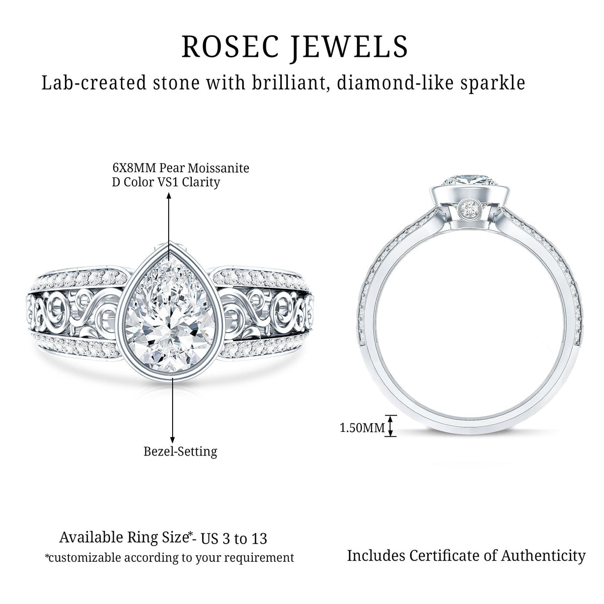 Bezel Set Moissanite Pear Engagement Ring with Filigree Details