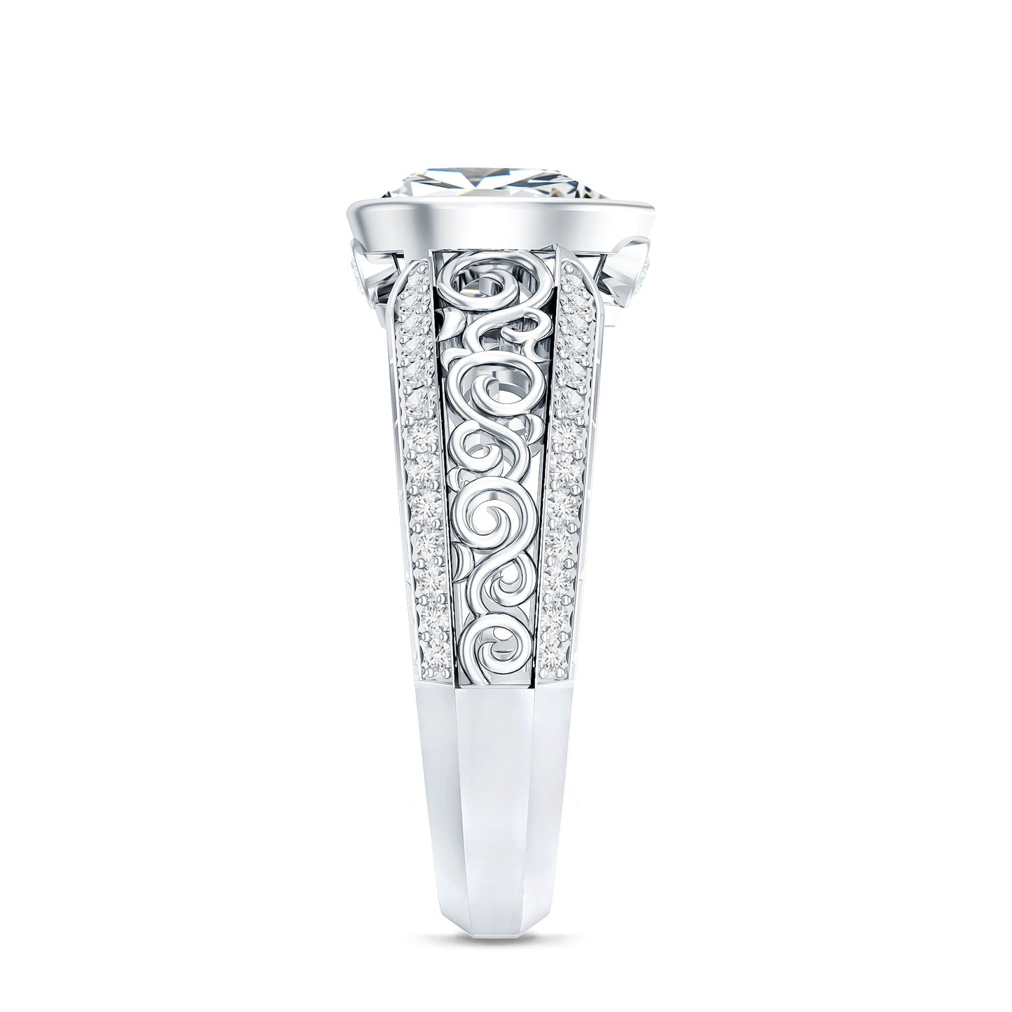 Bezel Set Moissanite Pear Engagement Ring with Filigree Details