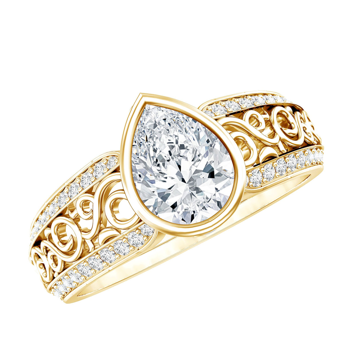 Bezel Set Moissanite Pear Engagement Ring with Filigree Details