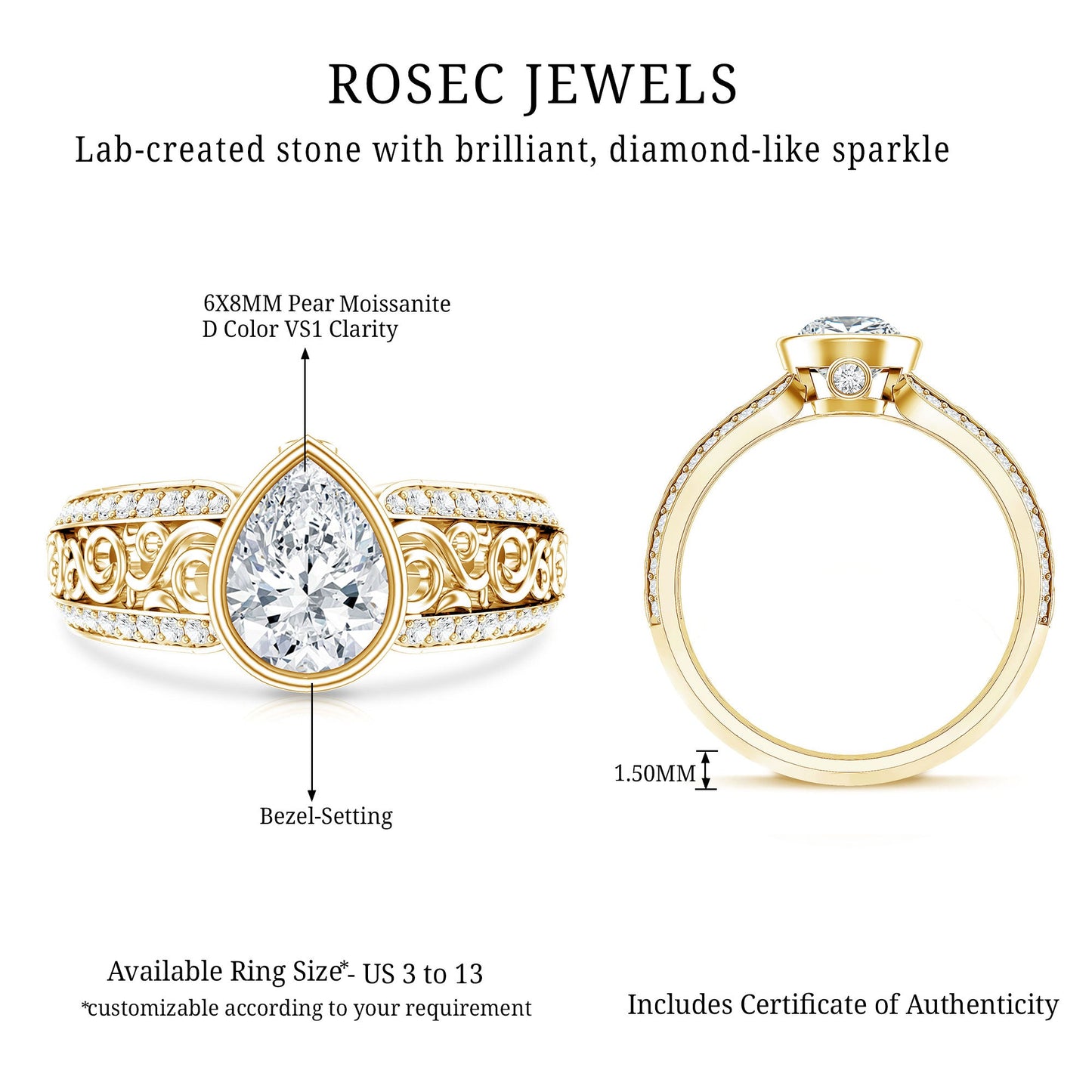 Bezel Set Moissanite Pear Engagement Ring with Filigree Details