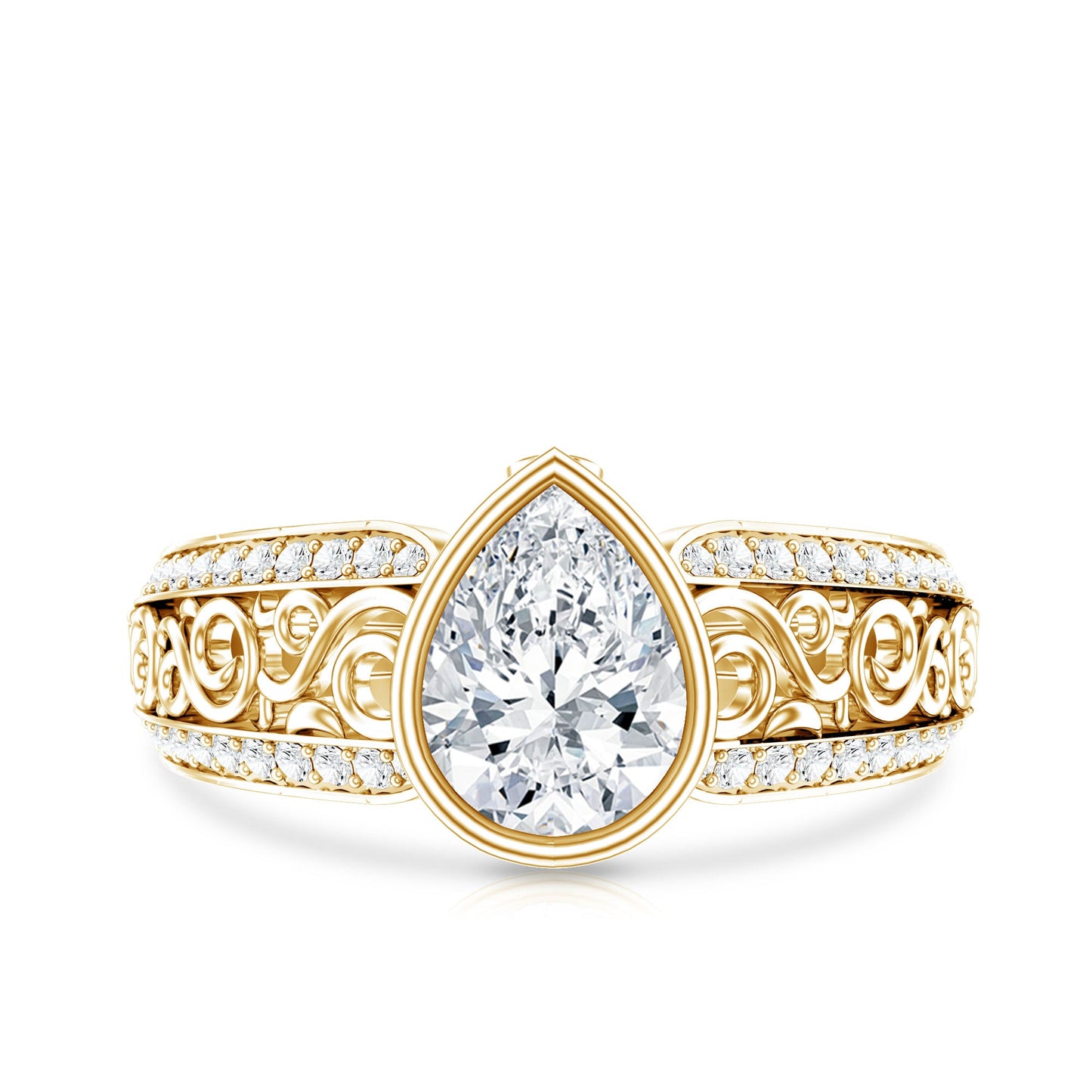 Bezel Set Moissanite Pear Engagement Ring with Filigree Details