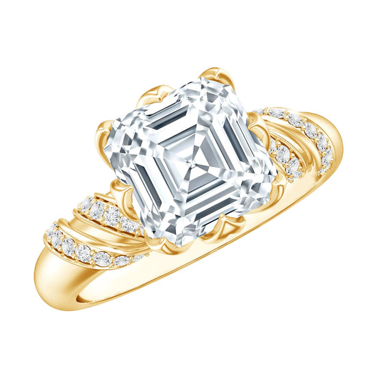 Anillo de compromiso solitario de moissanita talla Asscher de 3 quilates en engaste de pétalos