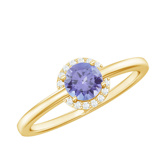 Anillo de compromiso de tanzanita natural con halo de diamantes
