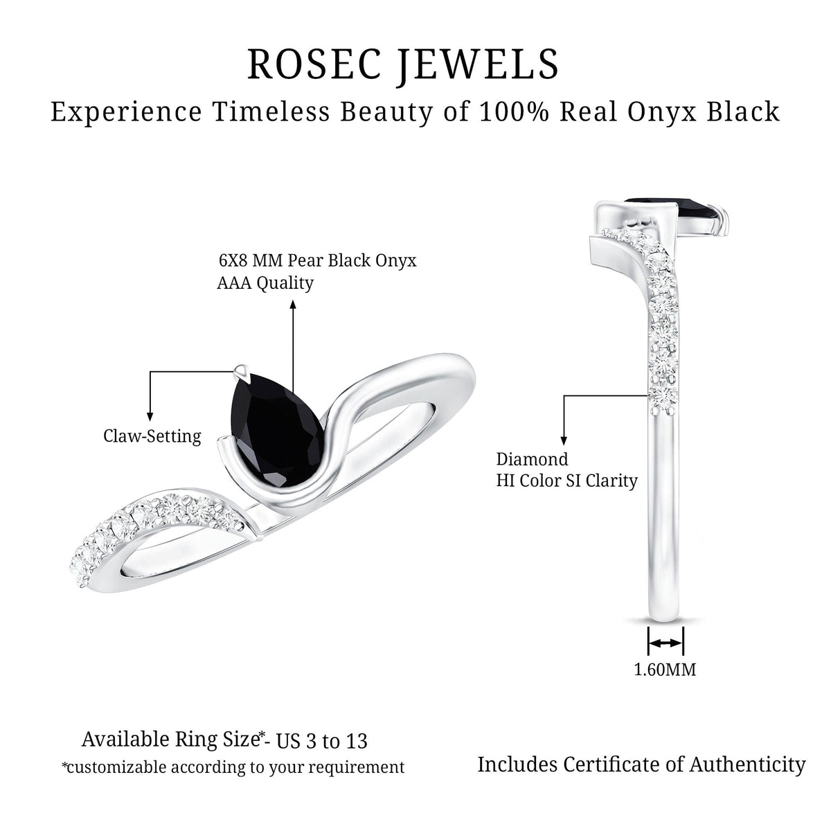 Pear Shaped Black Onyx Promise Ring with Diamonds