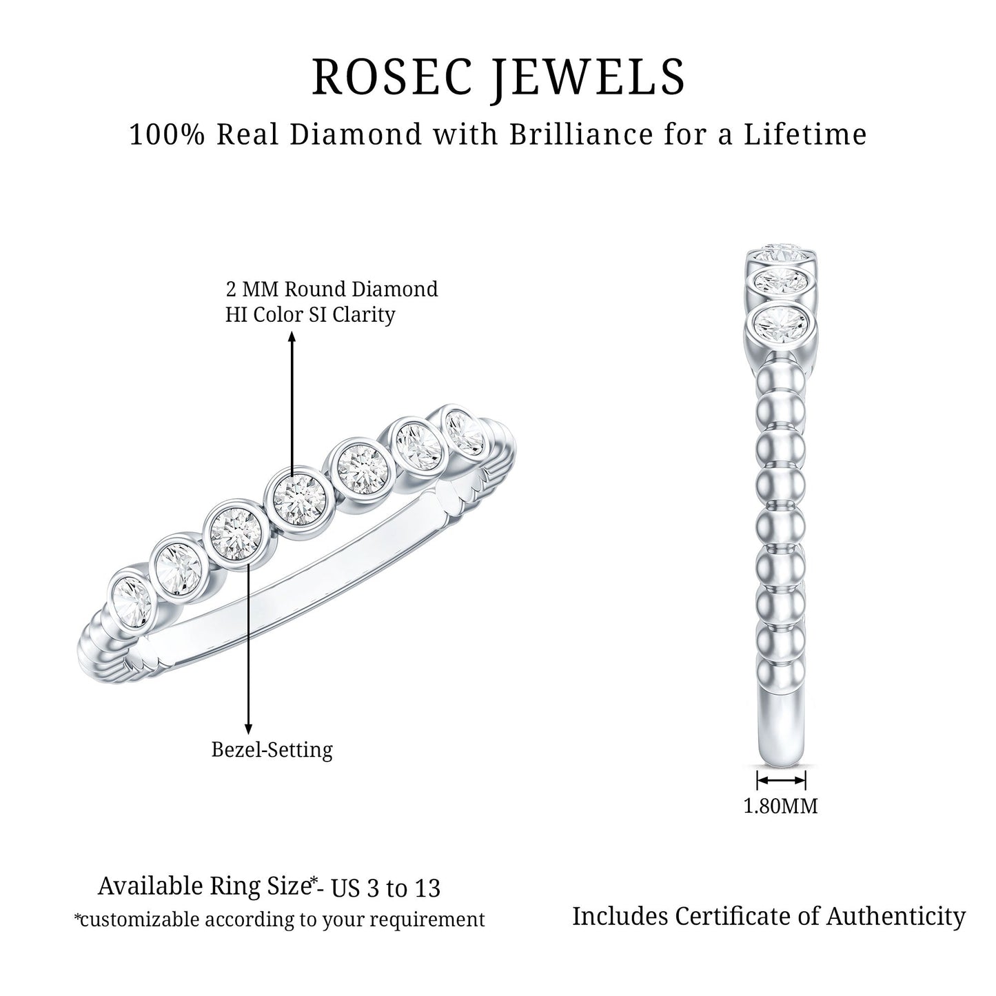 Anillo de media eternidad con diamantes redondos engastados en bisel