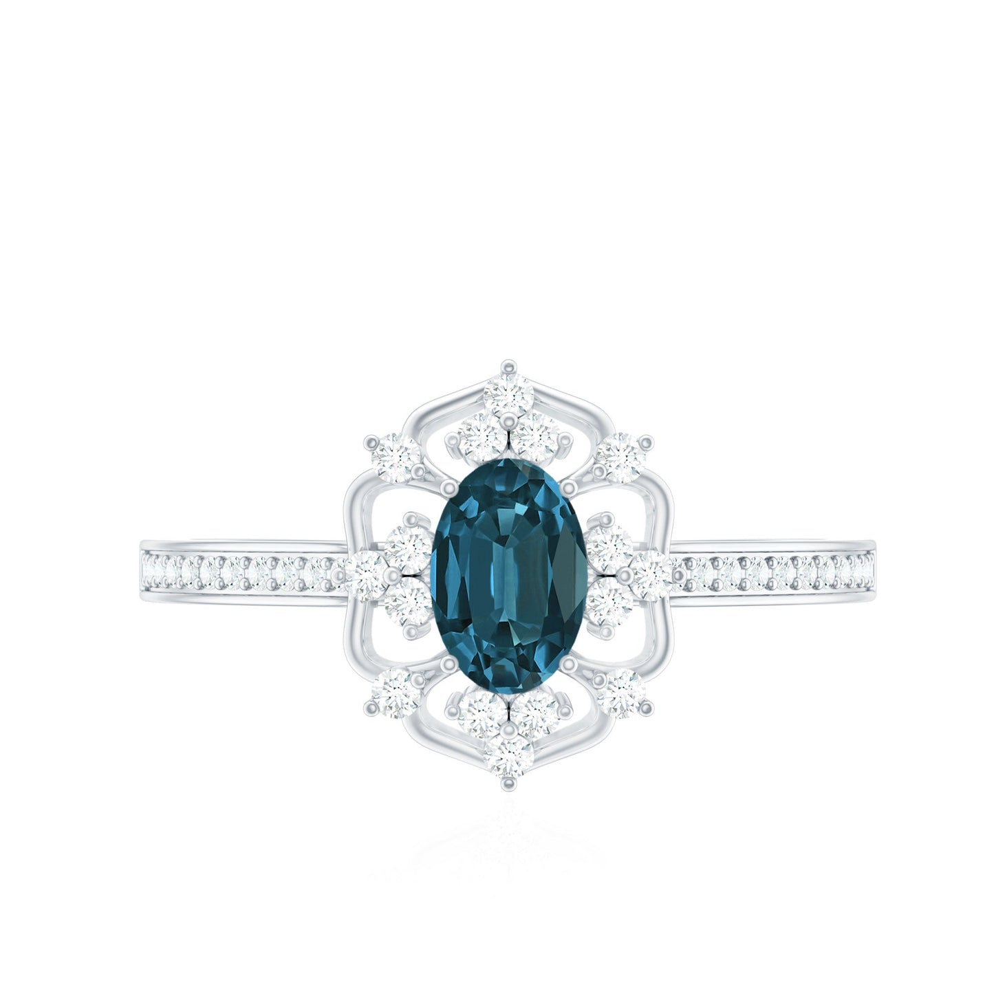 Anillo de compromiso vintage de topacio azul Londres talla ovalada de 0,4 quilates con diamantes